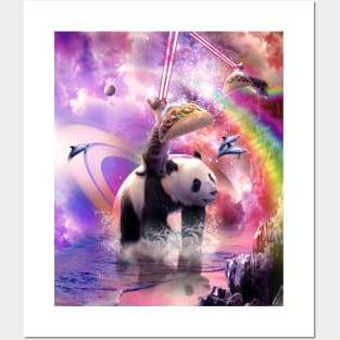 Rainbow Laser Space Cat On Panda Eating Taco Posters and Art